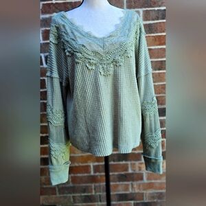 Daytrip  Slouchy Sage Green Lace Trim Sweater